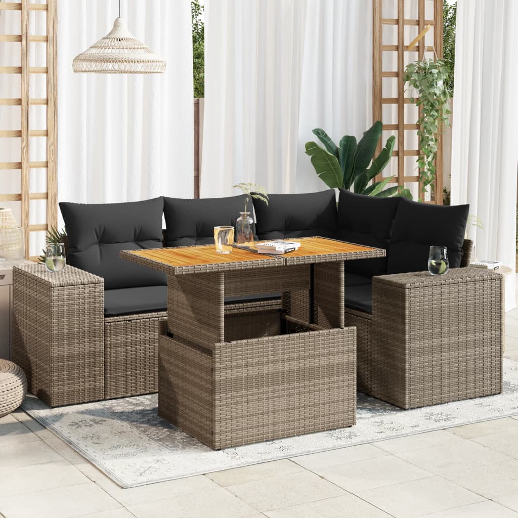 VidaXL 5-delige Loungeset met kussens poly rattan grijs