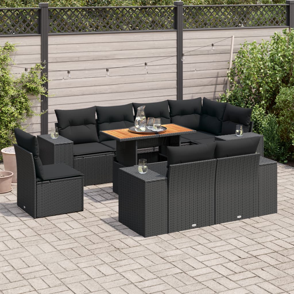 VidaXL 9-delige Loungeset met kussens poly rattan zwart