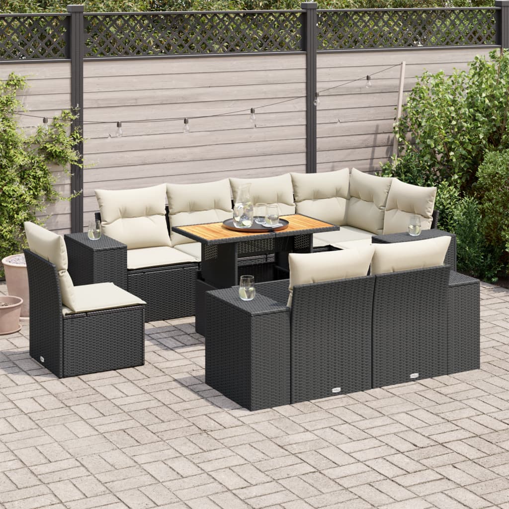 VidaXL 9-delige Loungeset met kussens poly rattan zwart