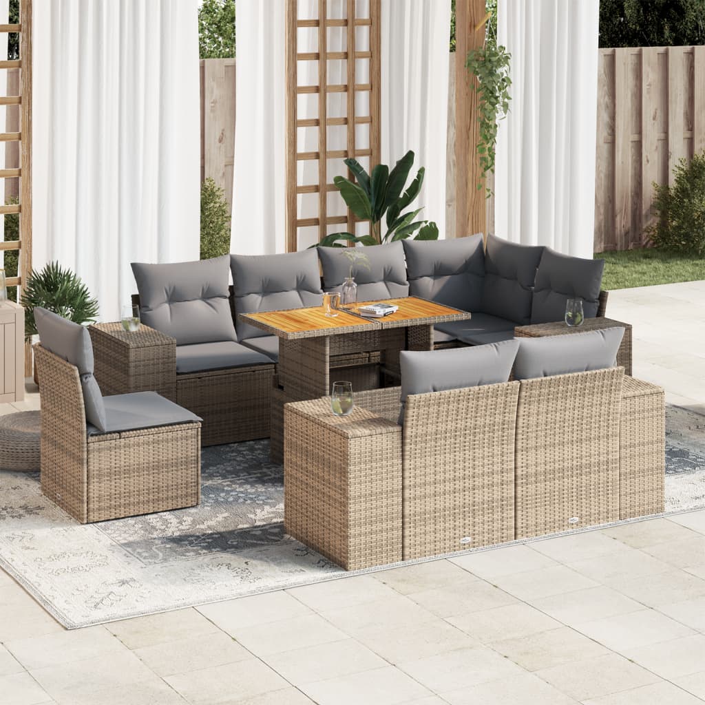 VidaXL 9-delige Loungeset met kussens poly rattan beige