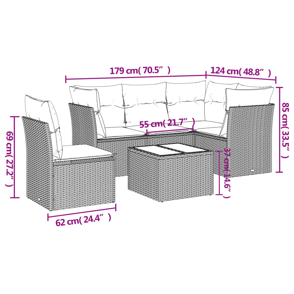 vidaXL 6-delige Loungeset met kussens poly rattan beige