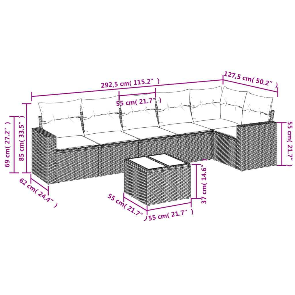 vidaXL 7-delige Loungeset met kussens poly rattan beige