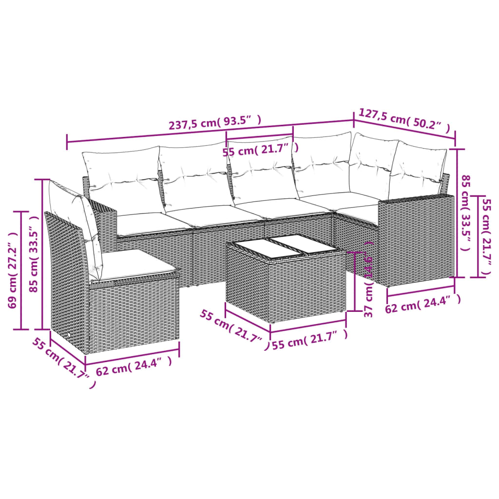 vidaXL 7-delige Loungeset met kussens poly rattan beige