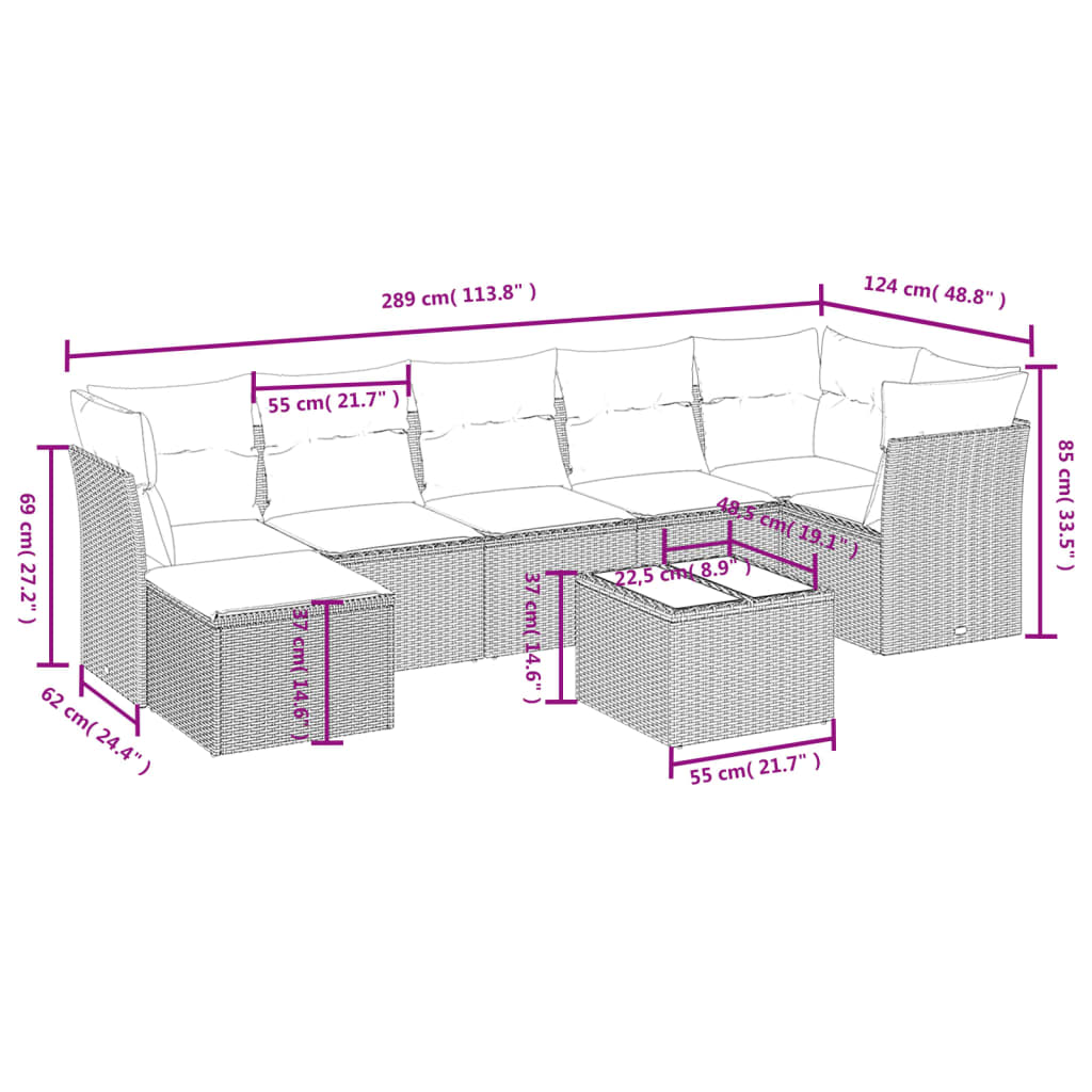 vidaXL 8-delige Loungeset met kussens poly rattan gemengd beige