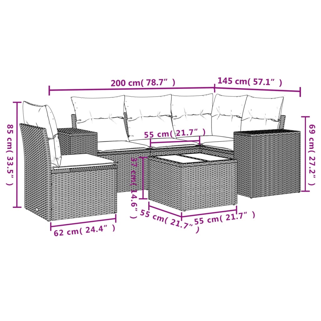 vidaXL 6-delige Loungeset met kussens poly rattan beige