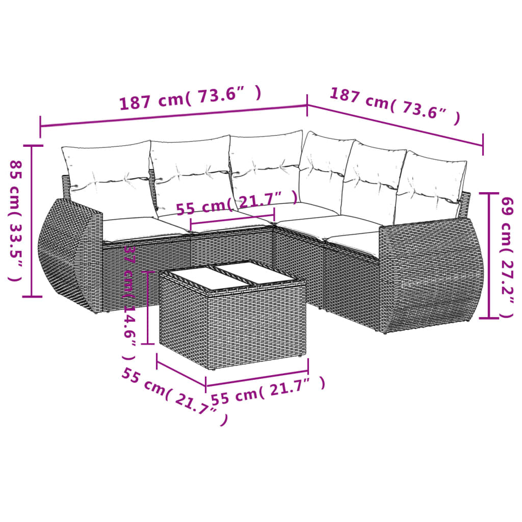 vidaXL 6-delige Loungeset met kussens poly rattan beige