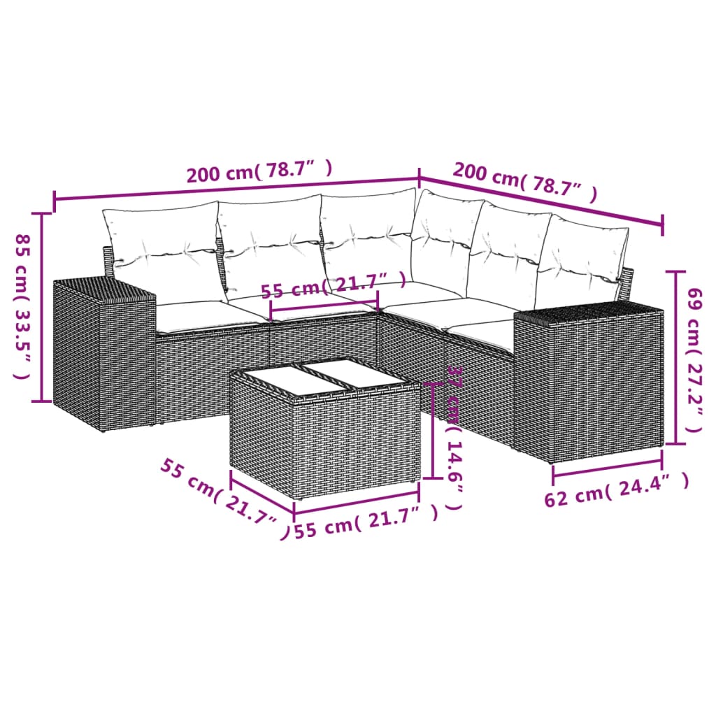 vidaXL 6-delige Loungeset met kussens poly rattan beige