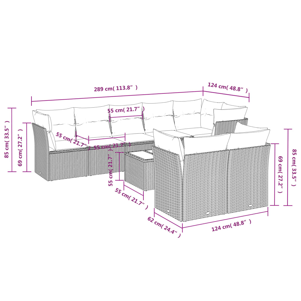 vidaXL 9-delige Loungeset met kussens poly rattan beige