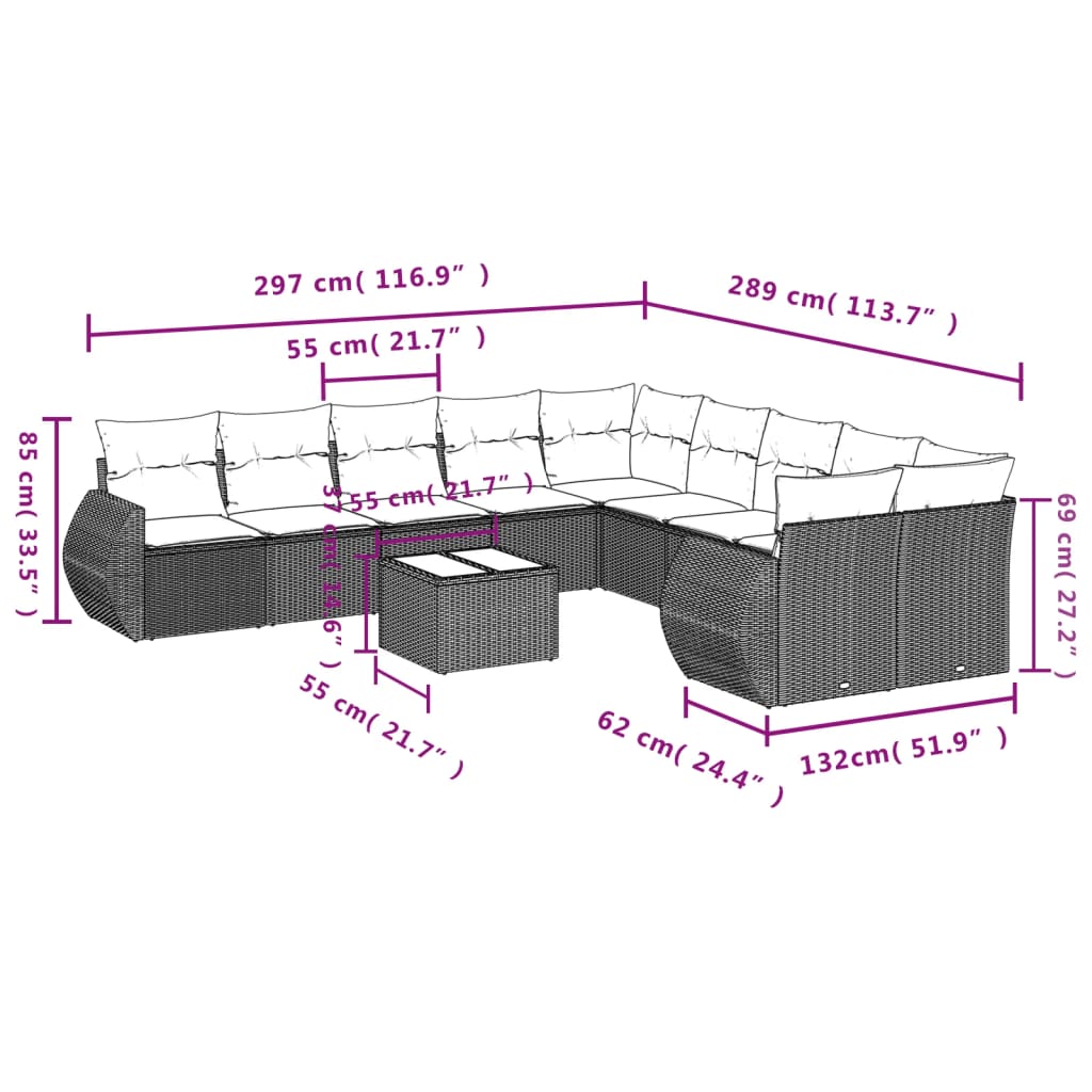 vidaXL 11-delige Tuinset met kussens poly rattan beige