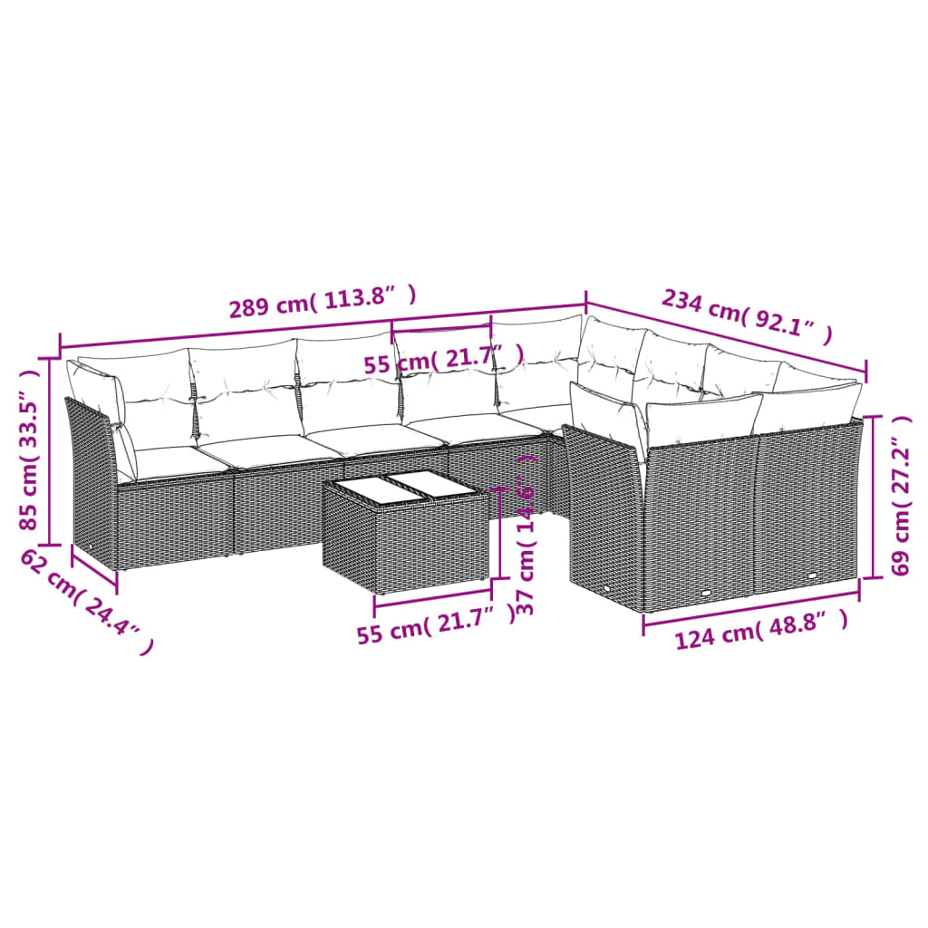 vidaXL 10-delige Loungeset met kussens poly rattan beige