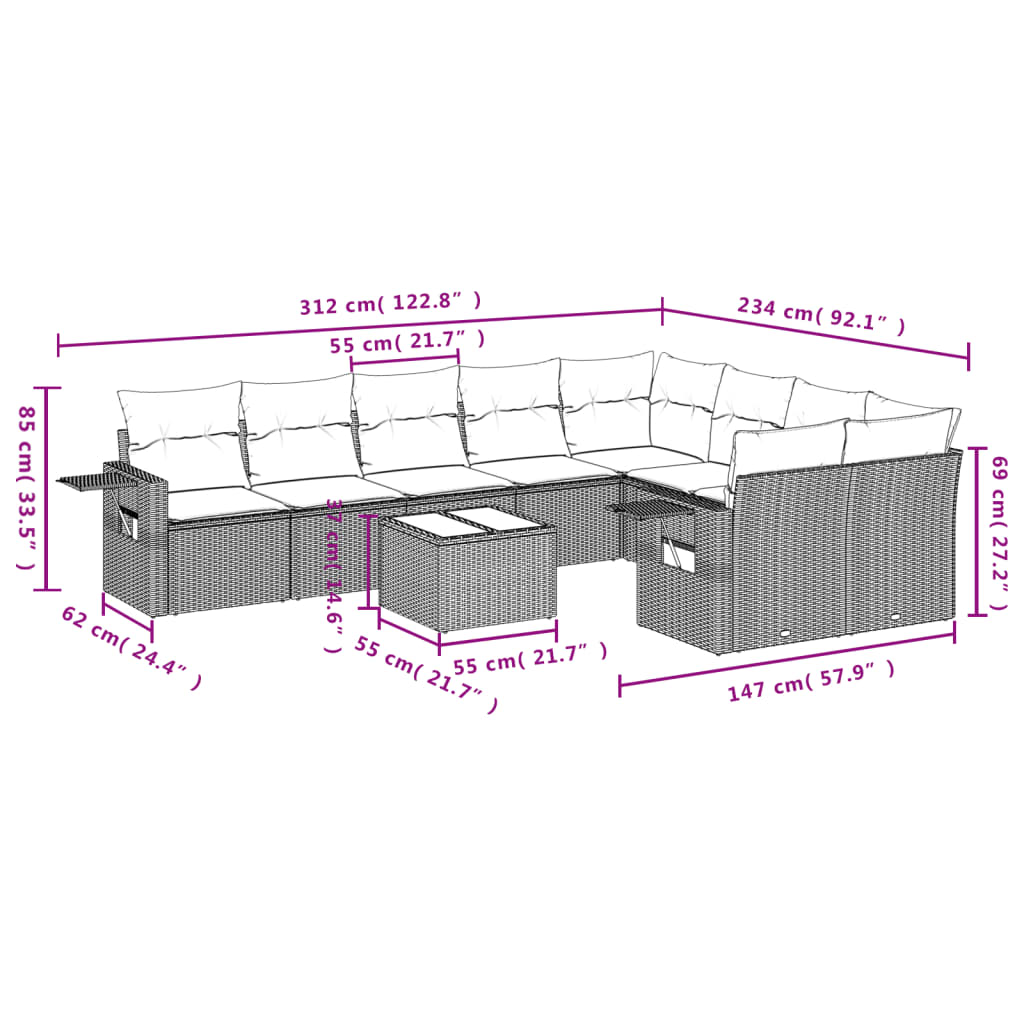 vidaXL 10-delige Loungeset met kussens poly rattan beige