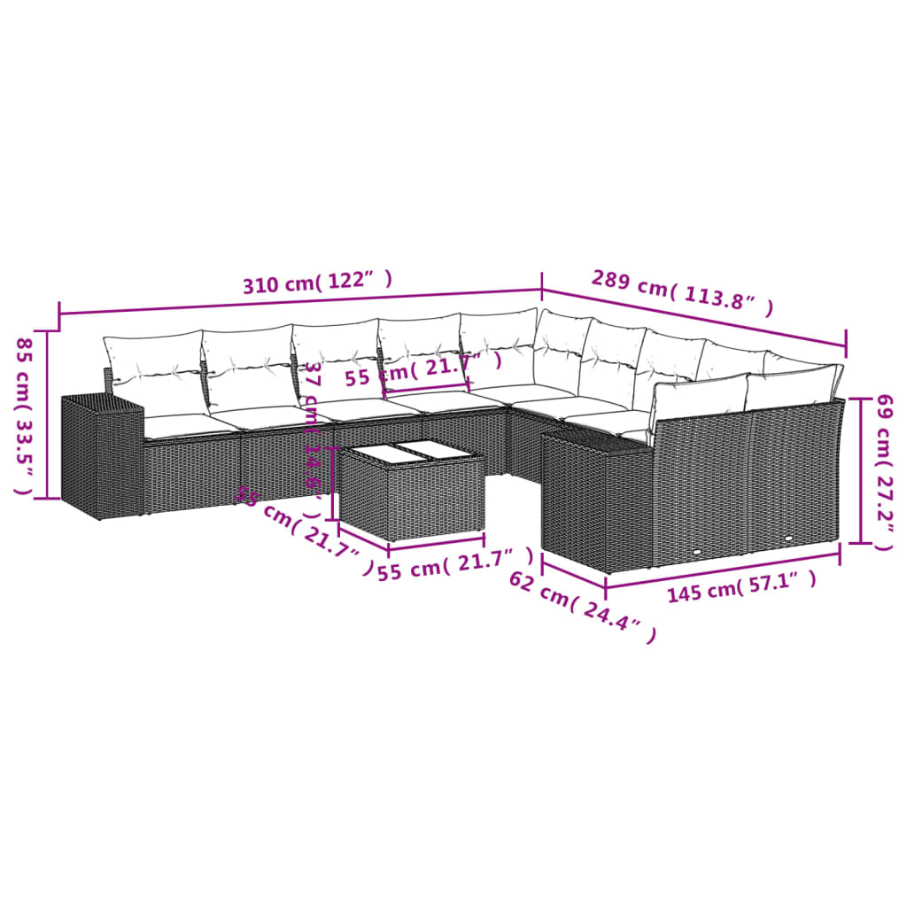 vidaXL 11-delige Tuinset met kussens poly rattan beige