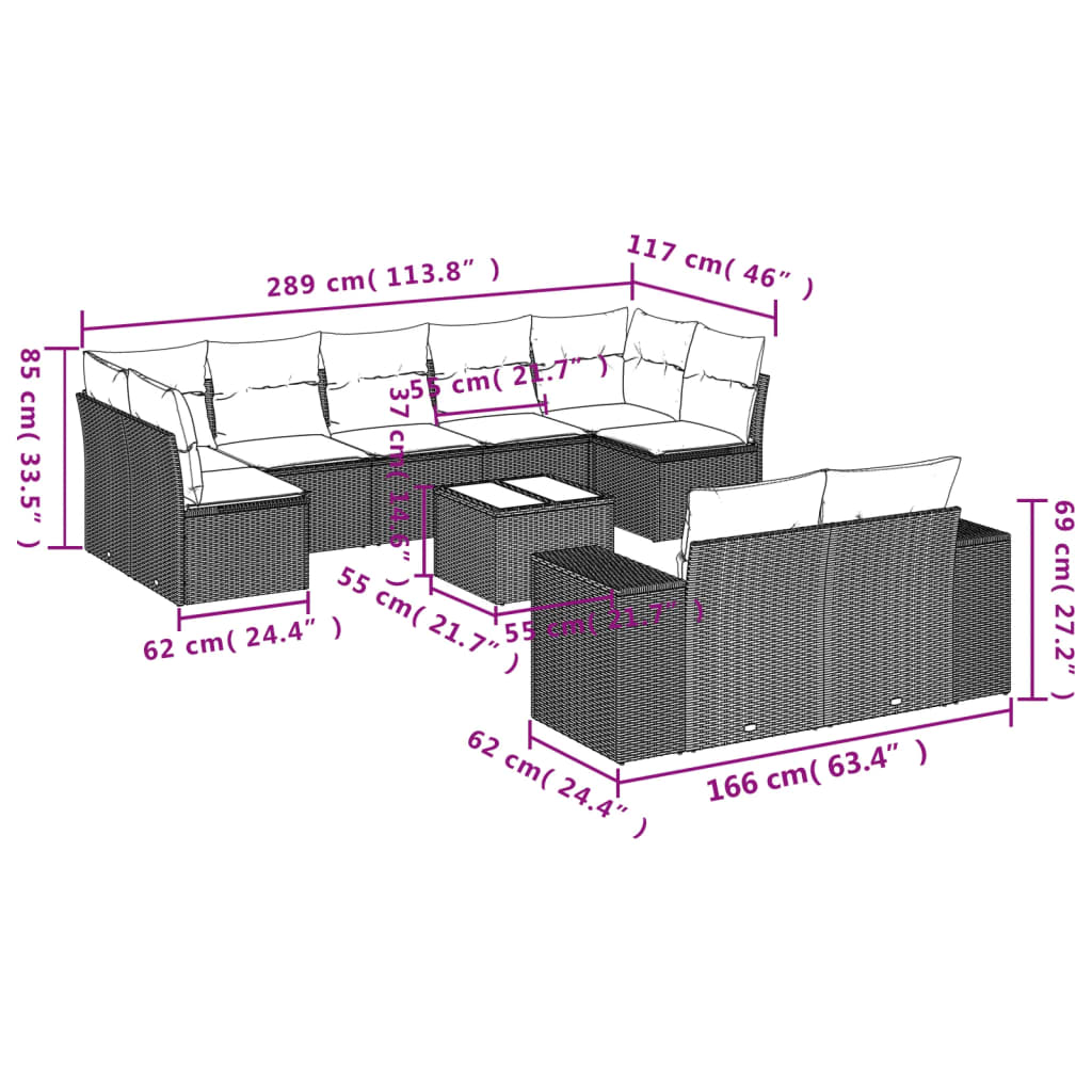 vidaXL 10-delige Loungeset met kussens poly rattan beige