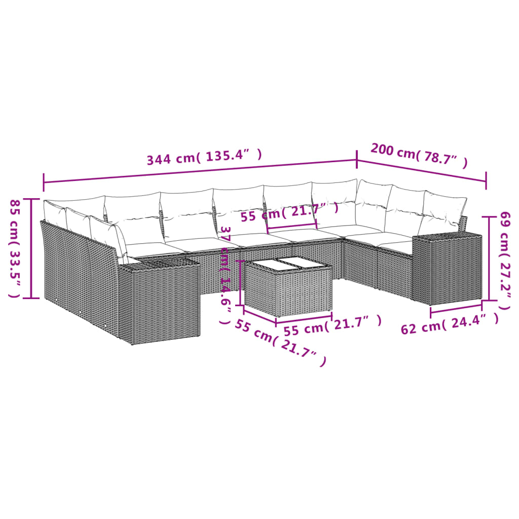 vidaXL 11-delige Tuinset met kussens poly rattan beige