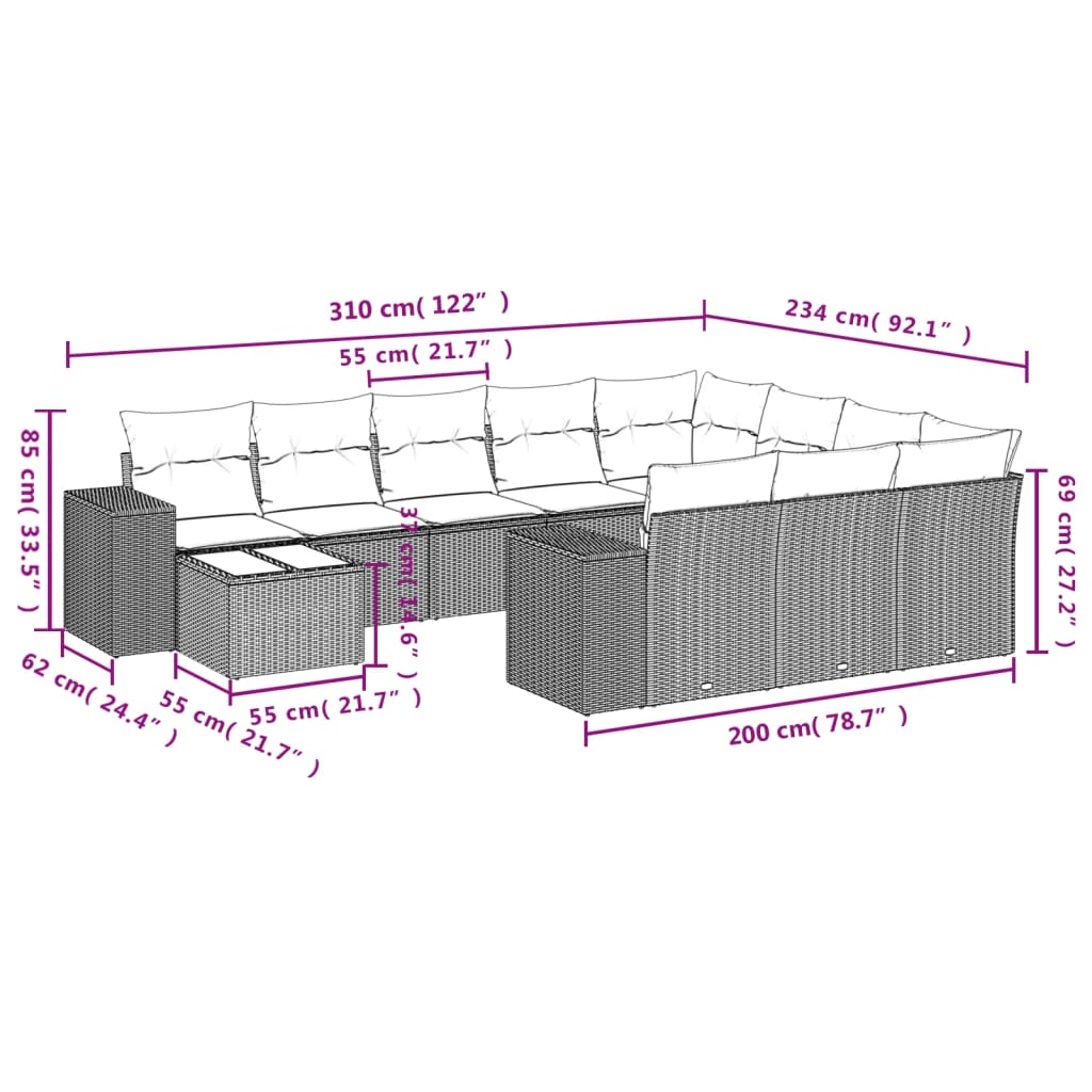 vidaXL 11-delige Tuinset met kussens poly rattan beige