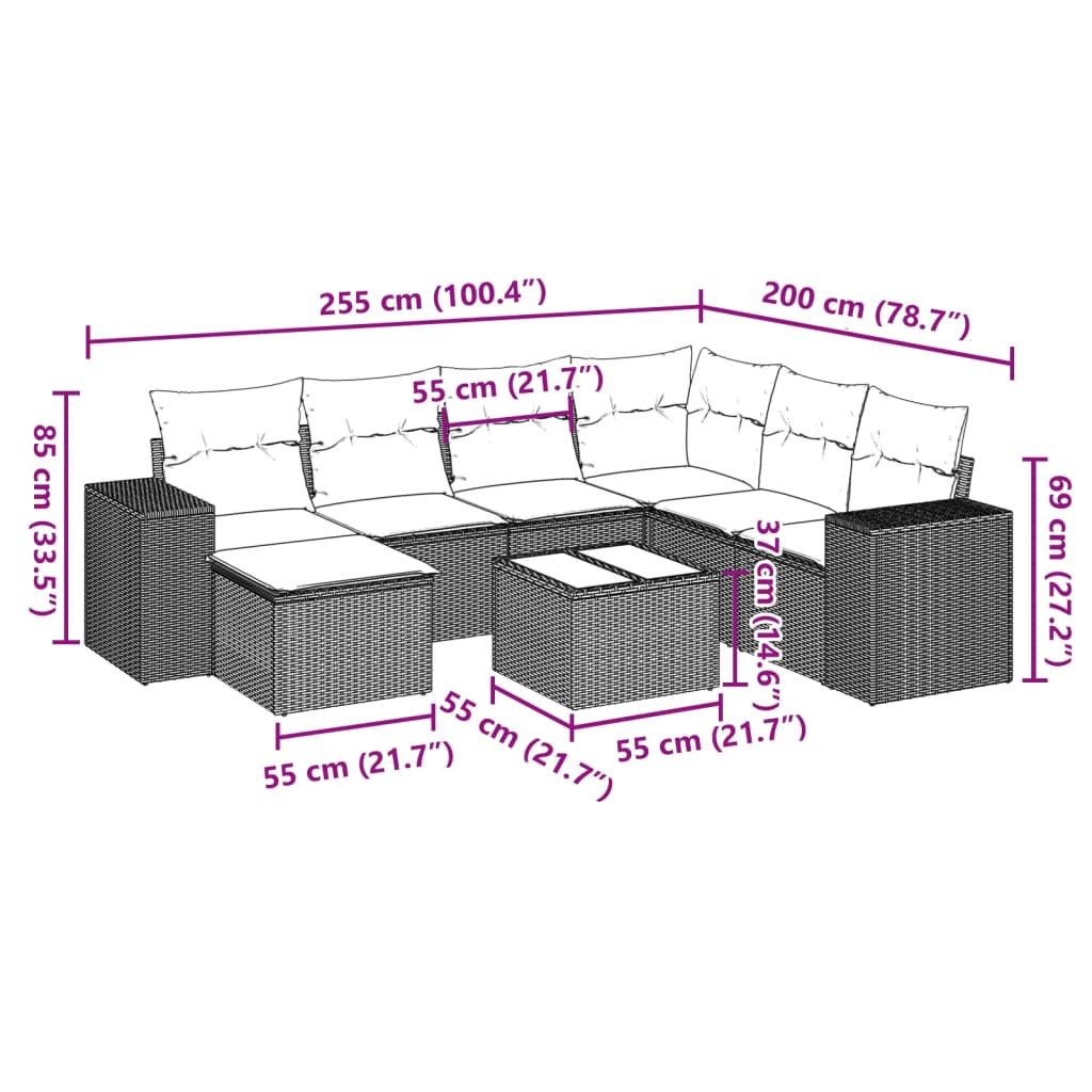 vidaXL 8-delige Loungeset met kussens poly rattan beige