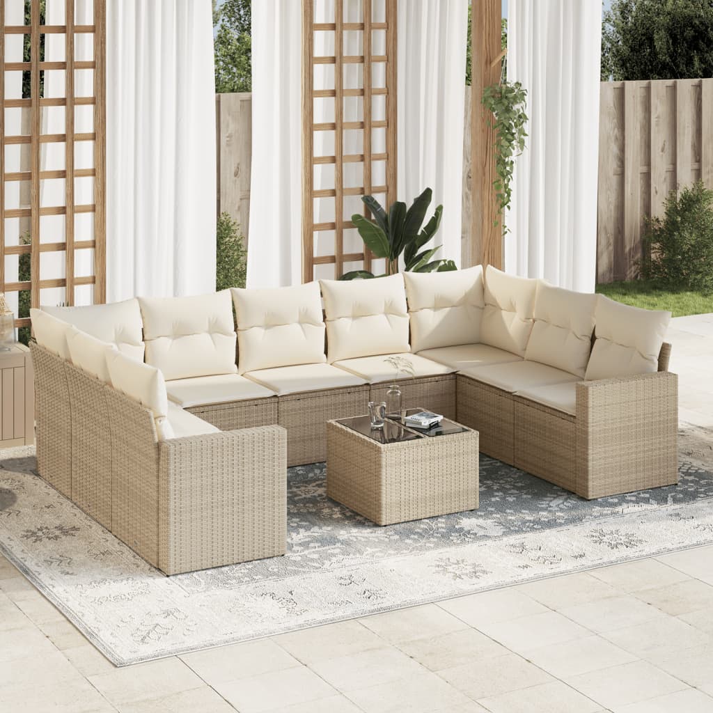 VidaXL 10-delige Loungeset met kussens poly rattan beige