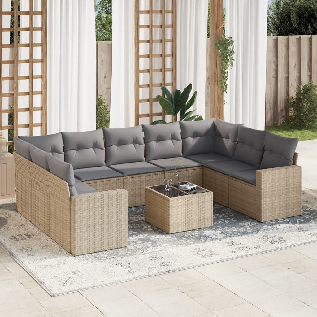 VidaXL 10-delige Loungeset met kussens poly rattan beige