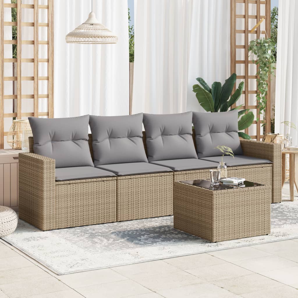 VidaXL 5-delige Loungeset met kussens poly rattan beige