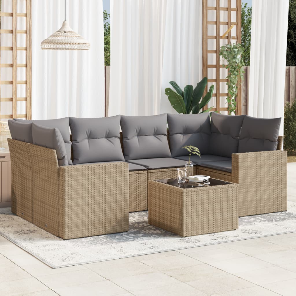 VidaXL 7-delige Loungeset met kussens poly rattan beige