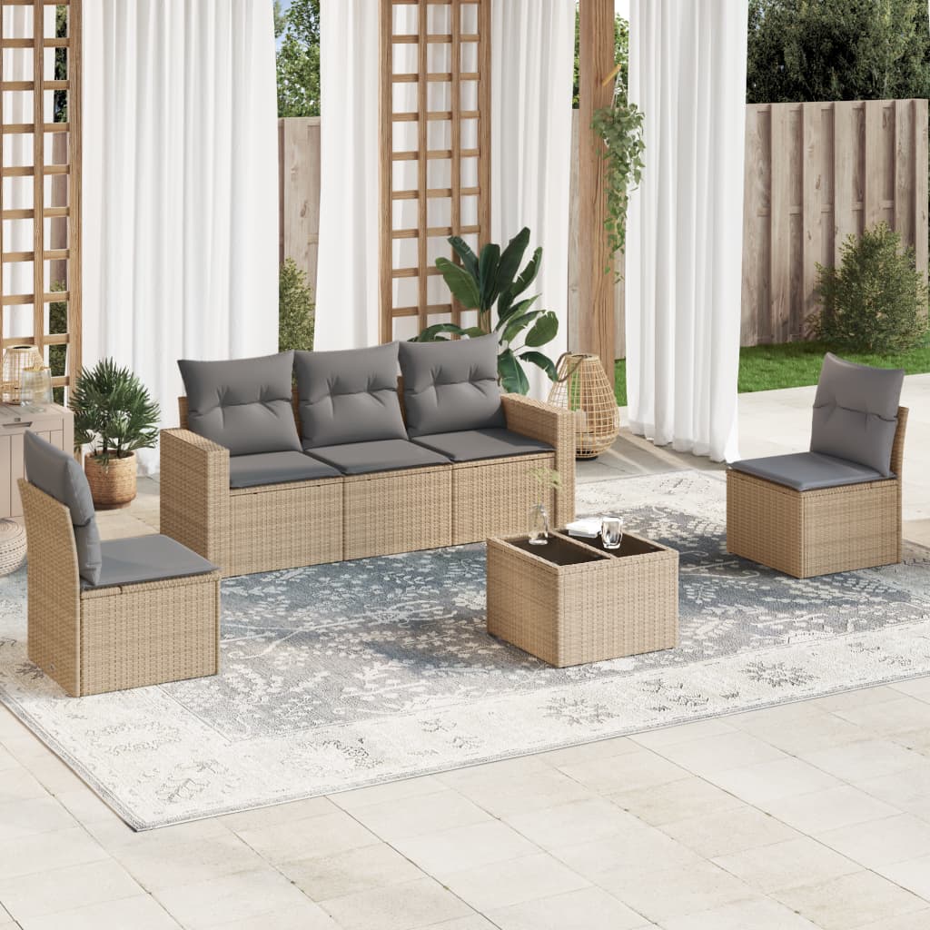 VidaXL 6-delige Loungeset met kussens poly rattan beige