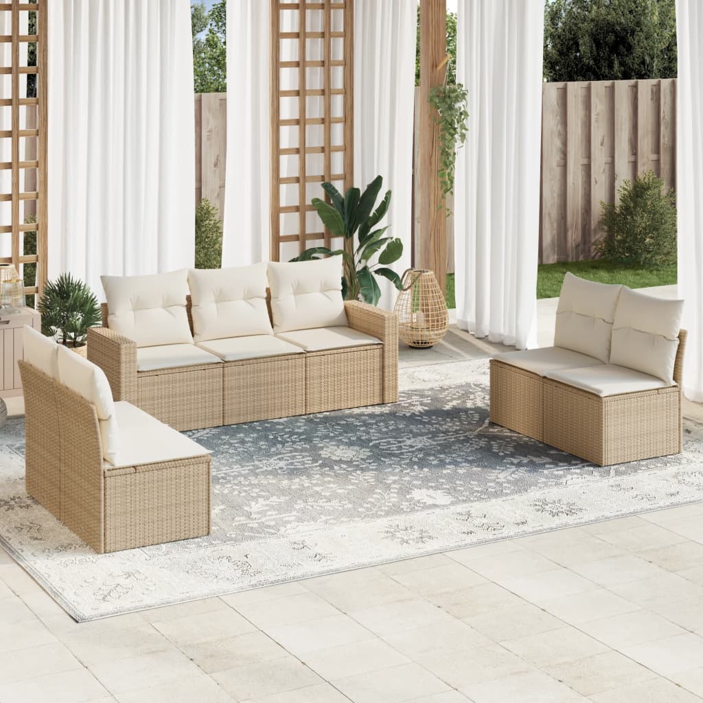 VidaXL 7-delige Loungeset met kussens poly rattan beige