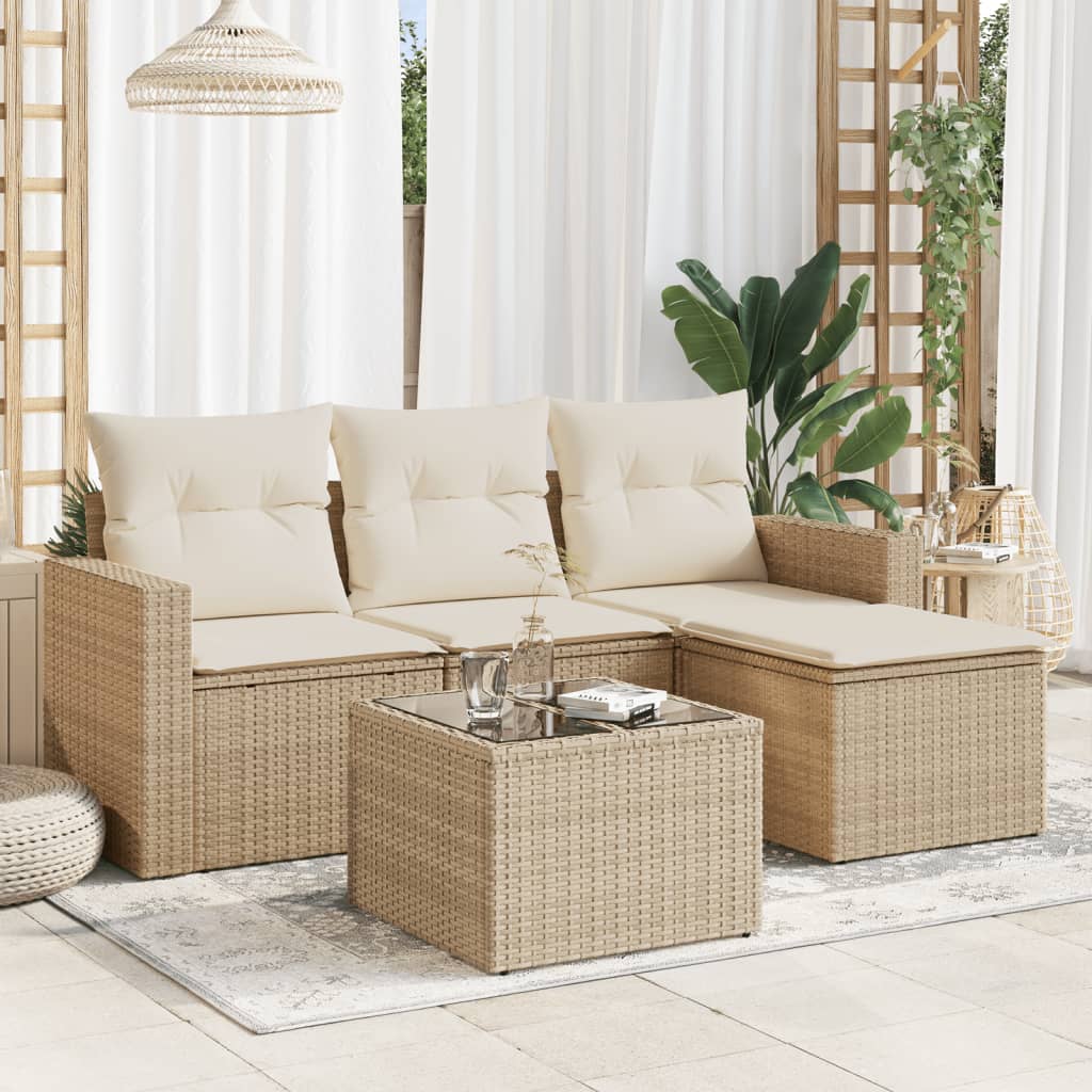 VidaXL 5-delige Loungeset met kussens poly rattan beige