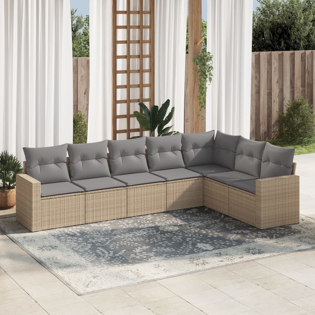 VidaXL 7-delige Loungeset met kussens poly rattan beige