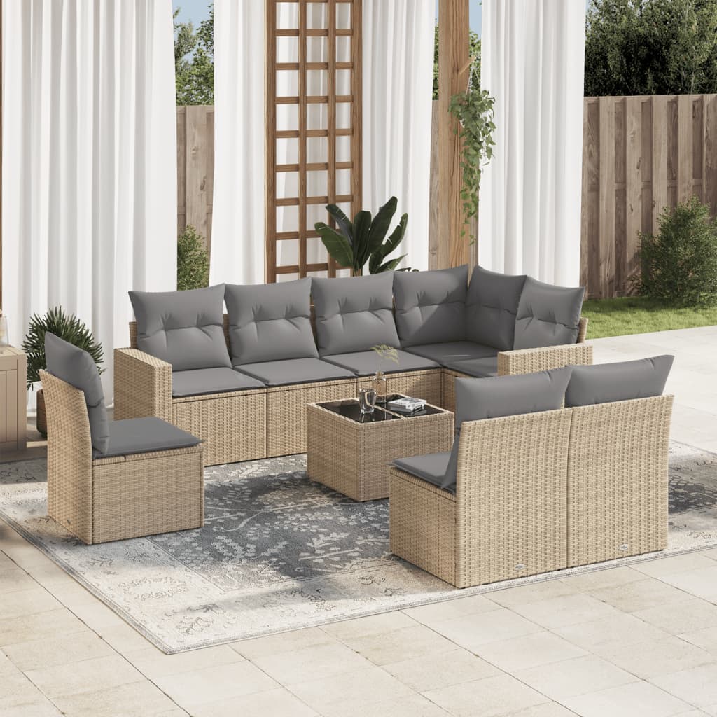 VidaXL 9-delige Loungeset met kussens poly rattan beige