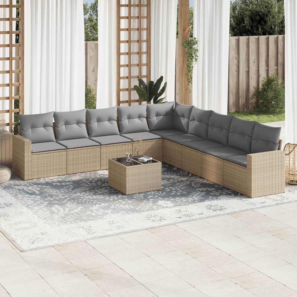 VidaXL 10-delige Loungeset met kussens poly rattan beige