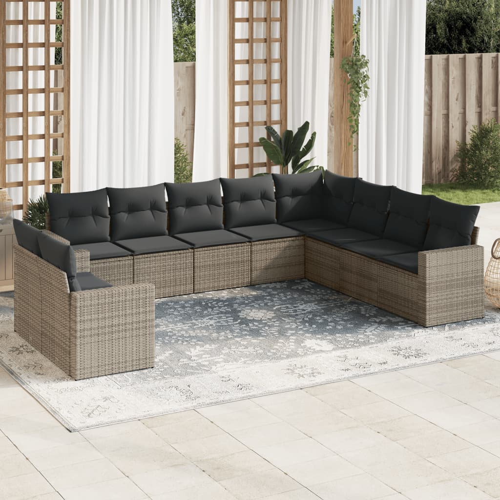 VidaXL 10-delige Loungeset met kussens poly rattan grijs