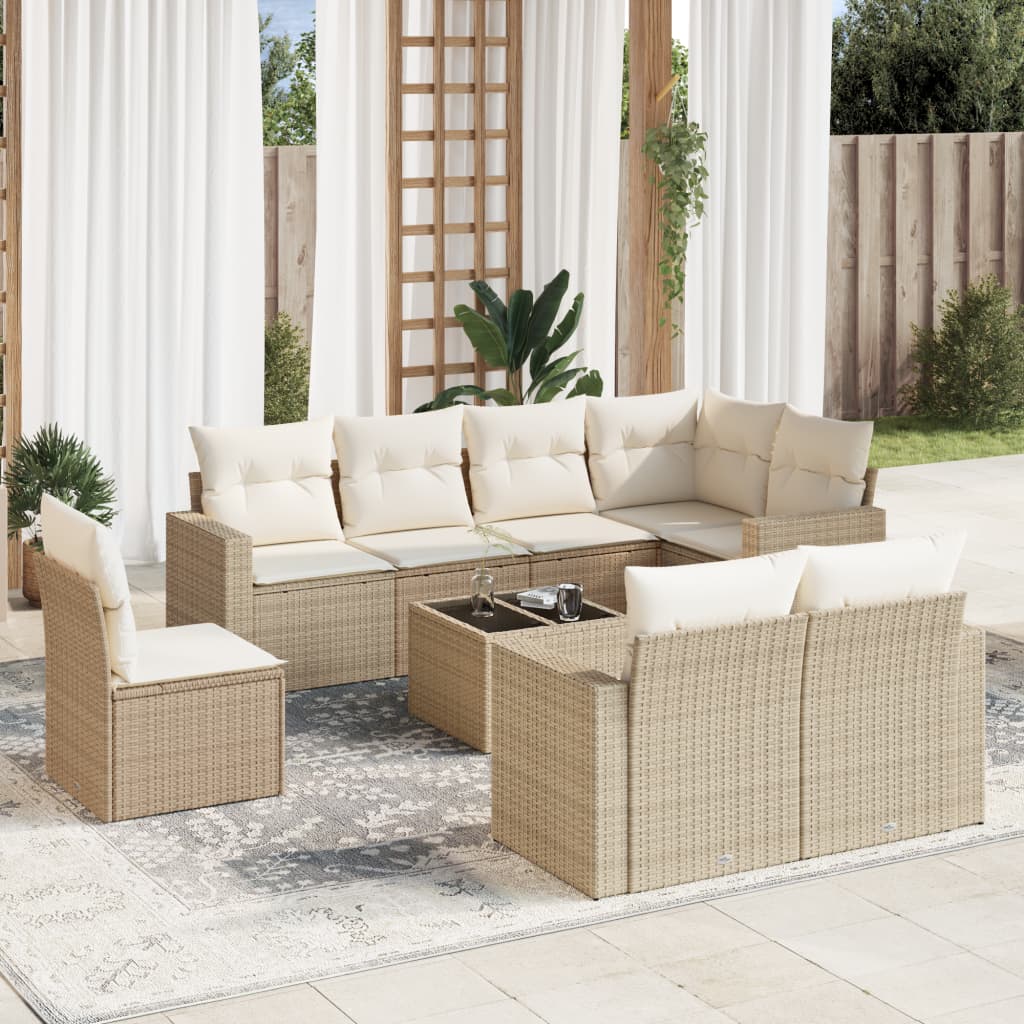 VidaXL 9-delige Loungeset met kussens poly rattan beige