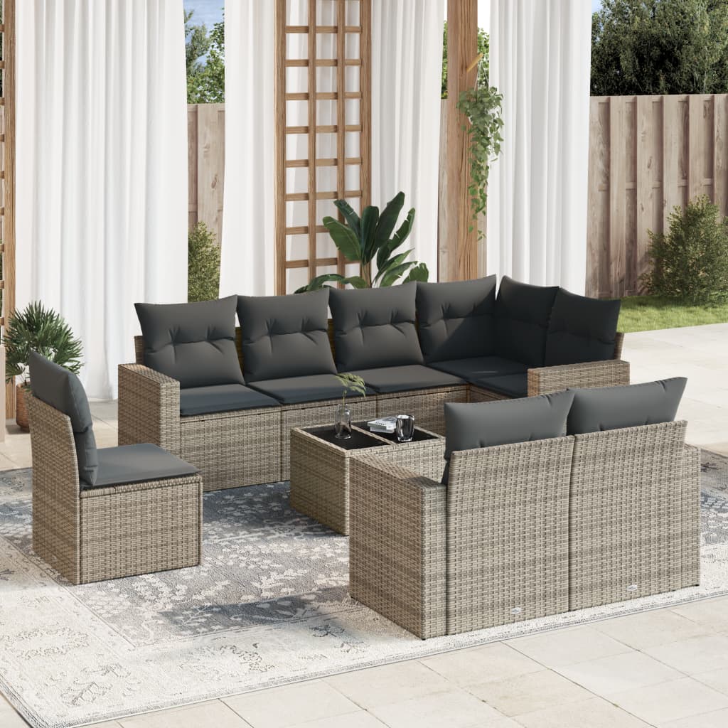 VidaXL 9-delige Loungeset met kussens poly rattan grijs