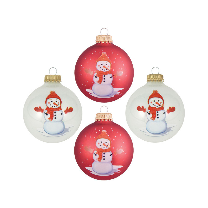 Krebs kerstballen - 4st - glas - wit en rood - sneeuwpop - 7 cm -