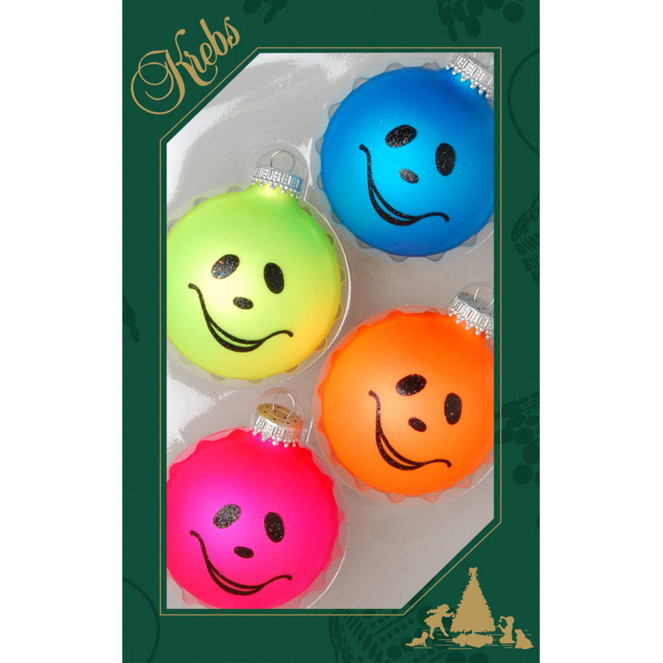 Krebs 4x stuks luxe glazen kerstballen 7 cm neon smiley -