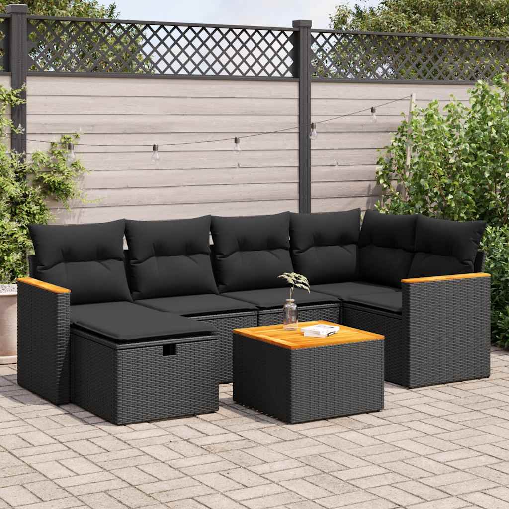 VidaXL 7-delige Loungeset met kussens poly rattan zwart