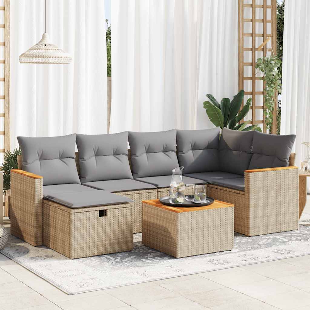 VidaXL 7-delige Loungeset met kussens poly rattan beige