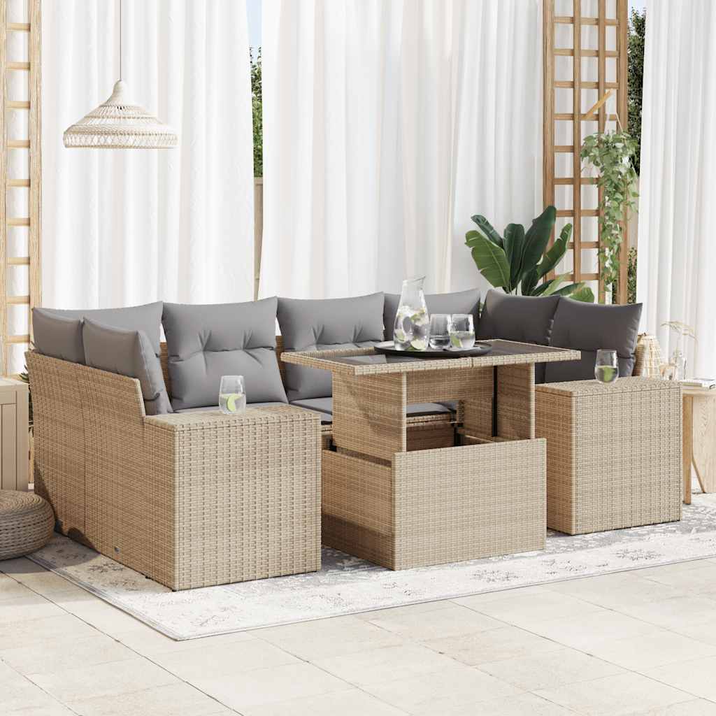 VidaXL 7-delige Loungeset met kussens poly rattan beige