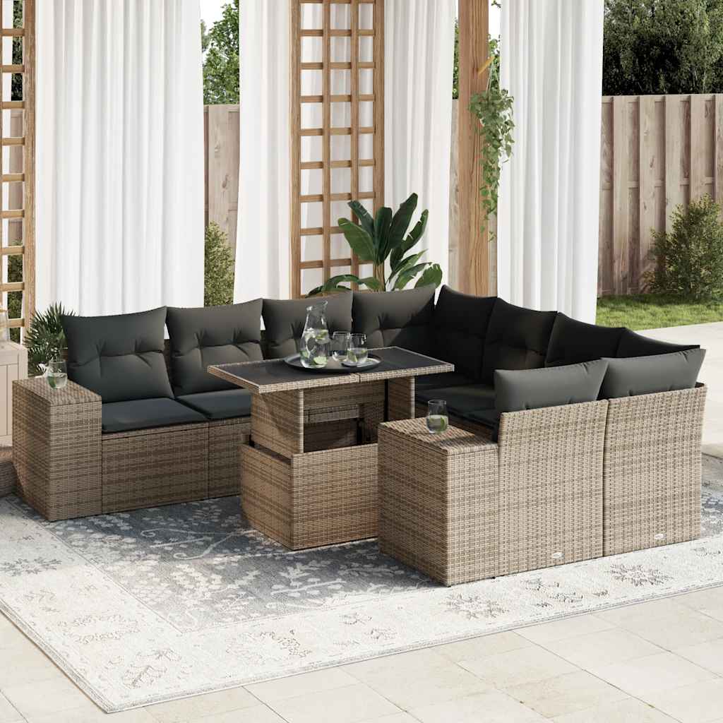 VidaXL 9-delige Loungeset met kussens poly rattan grijs