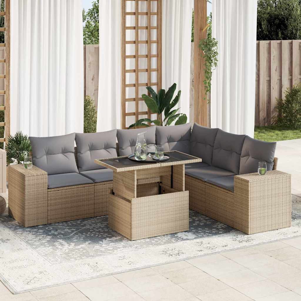 VidaXL 7-delige Loungeset met kussens poly rattan beige