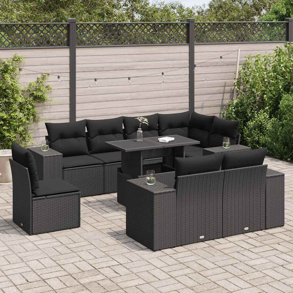 VidaXL 9-delige Loungeset met kussens poly rattan zwart