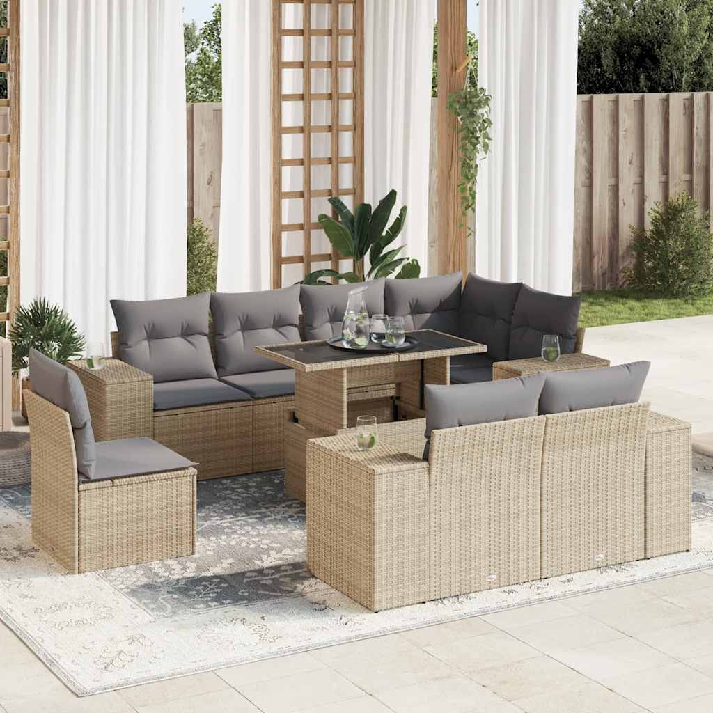 VidaXL 9-delige Loungeset met kussens poly rattan beige