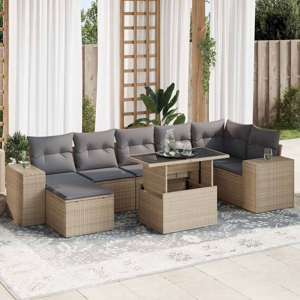 VidaXL 8-delige Loungeset met kussens poly rattan beige