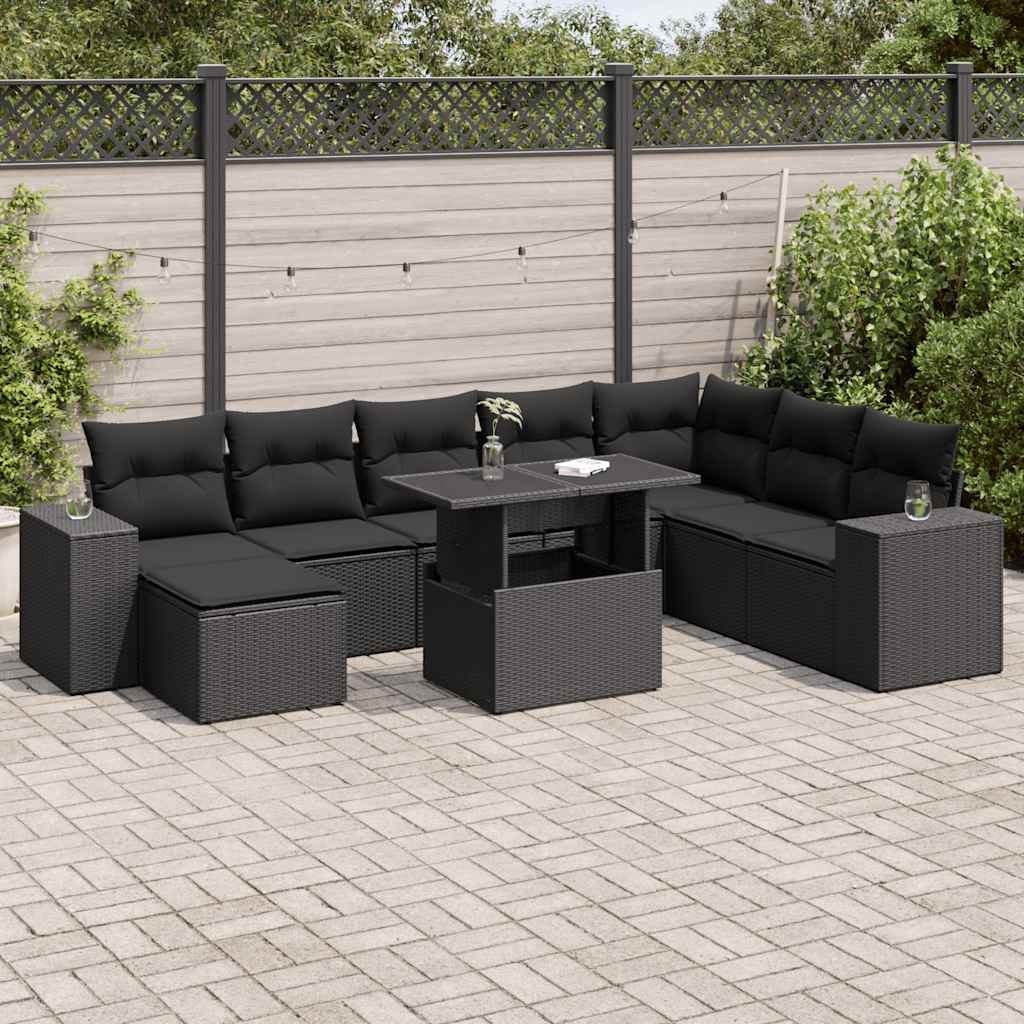 VidaXL 9-delige Loungeset met kussens poly rattan zwart