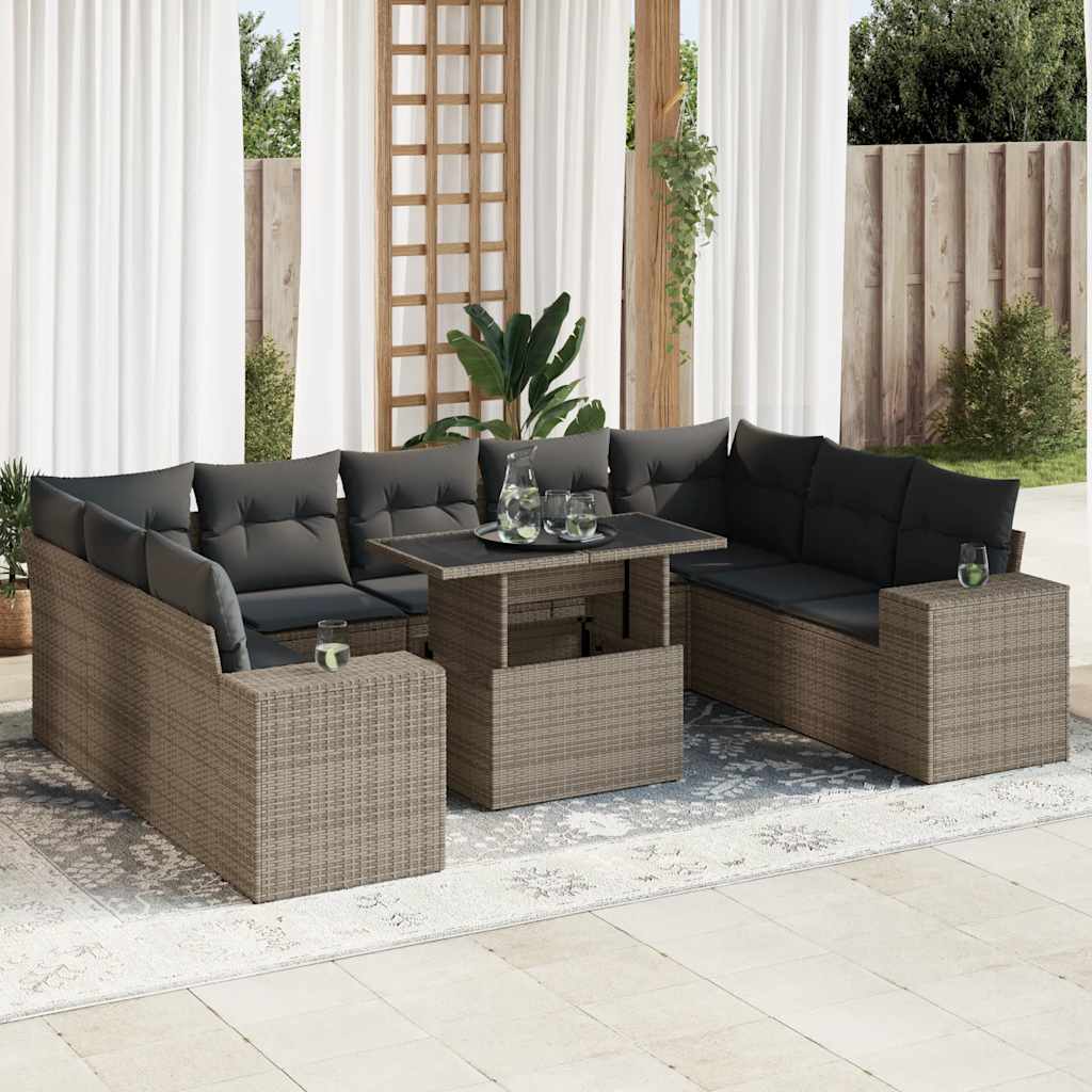 VidaXL 10-delige Loungeset met kussens poly rattan grijs