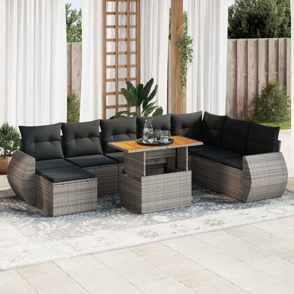 VidaXL 9-delige Loungeset met kussens poly rattan grijs