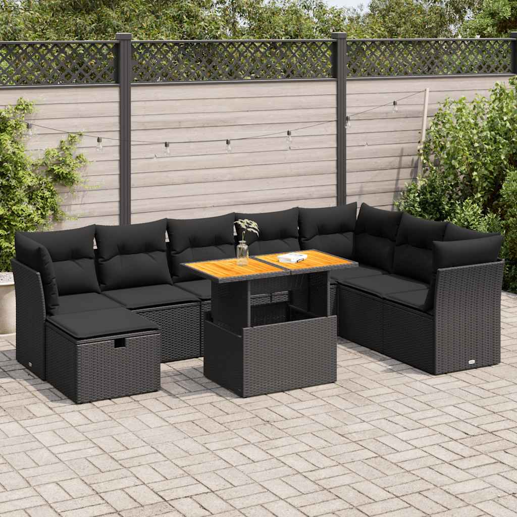 VidaXL 9-delige Loungeset met kussens poly rattan acacia zwart