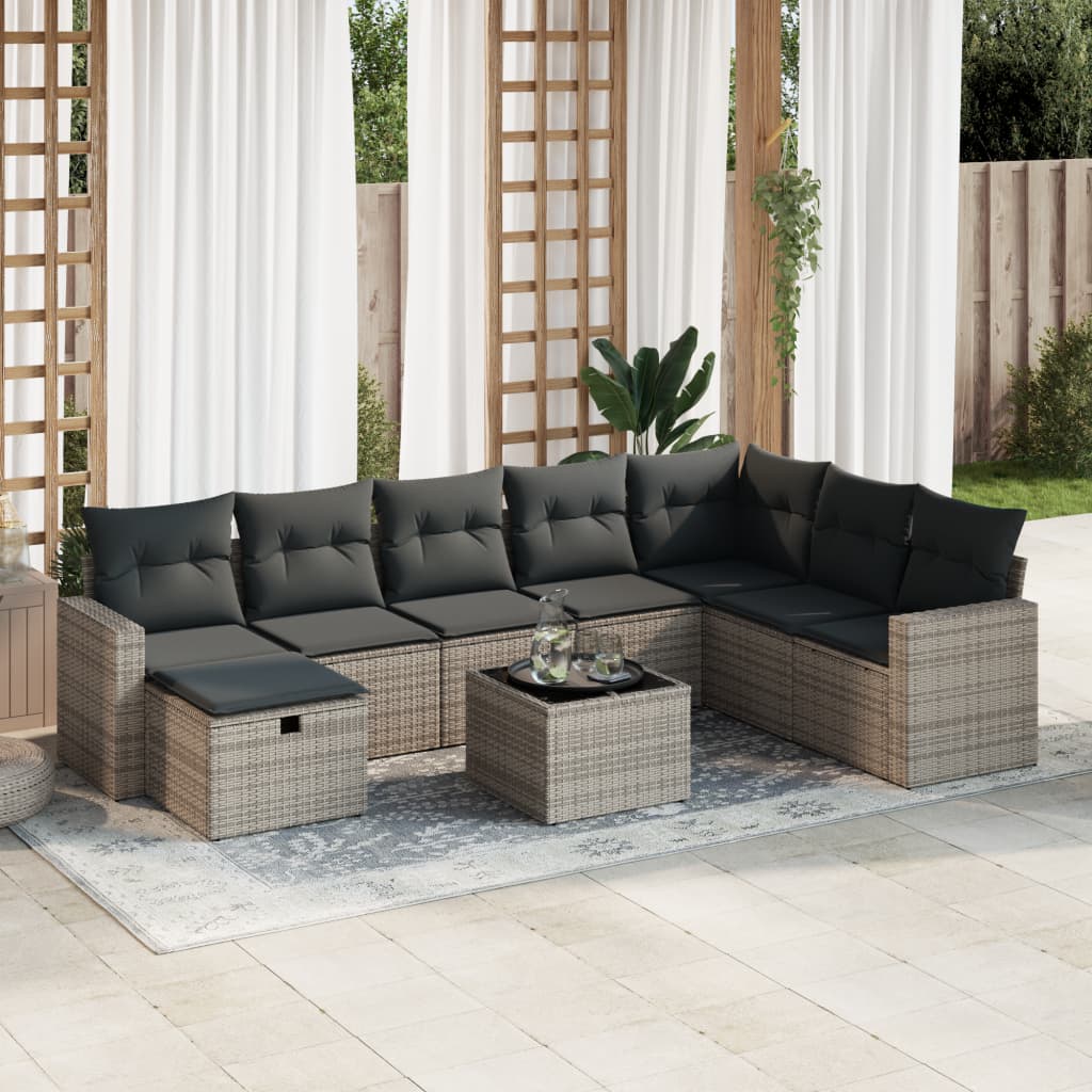 VidaXL 9-delige Loungeset met kussens poly rattan grijs