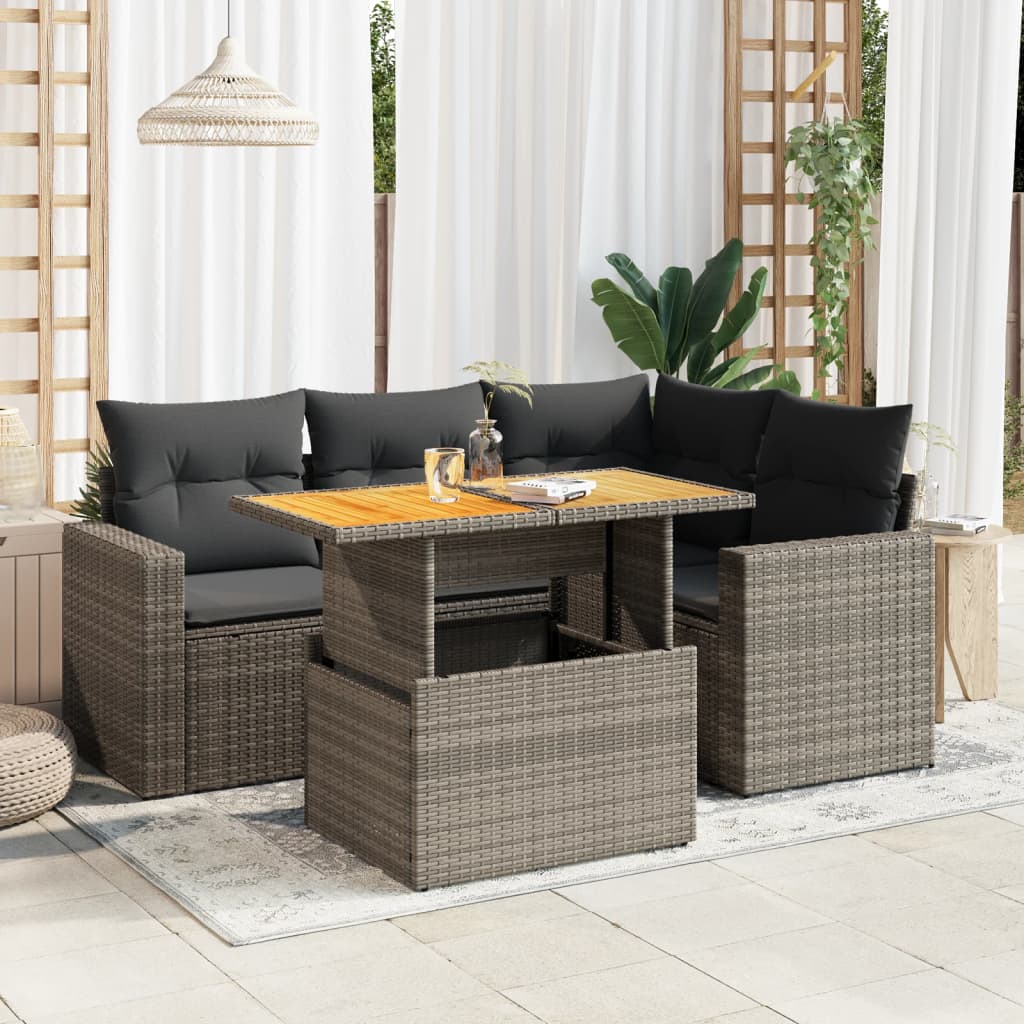 VidaXL 5-delige Loungeset met kussens poly rattan grijs