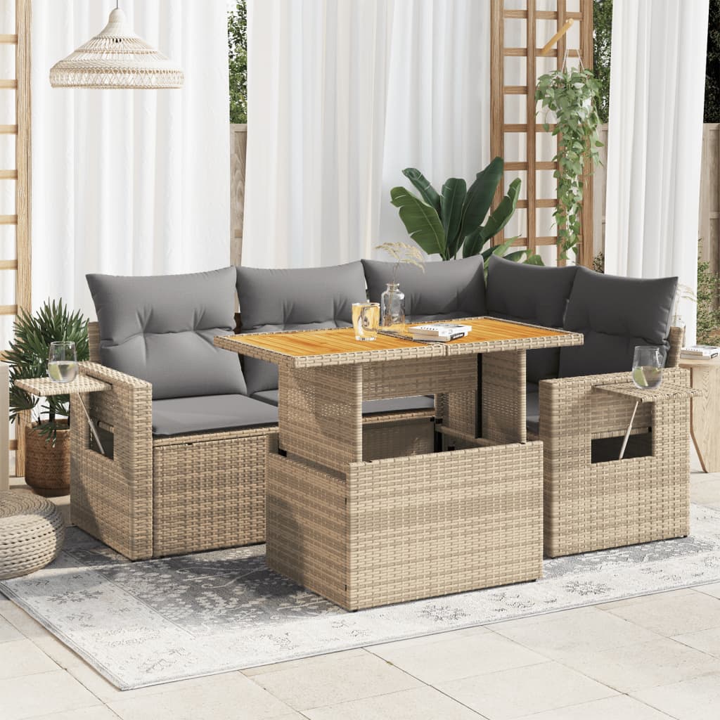 VidaXL 5-delige Loungeset met kussens poly rattan beige